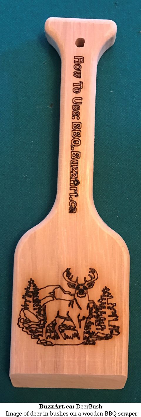 Image of deer in bushes on a wooden BBQ scraper